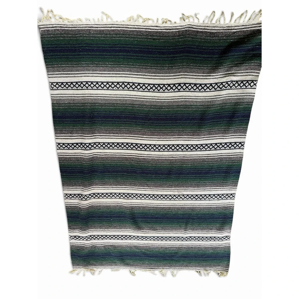 Vintage Woven Mexico Blanket Serape Yoga Falsa Navy Gray Green Throw 52